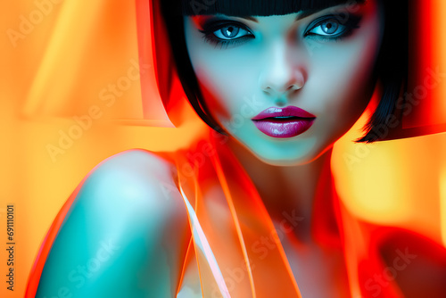 Portrait de femme brune avec du rouge à lèvres dans un univers orange