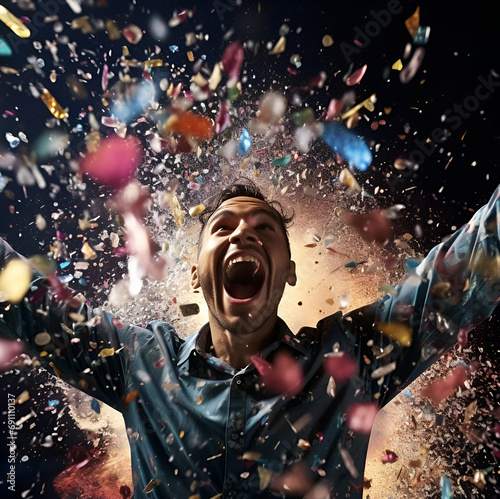 Man celebrating with smile and confetti