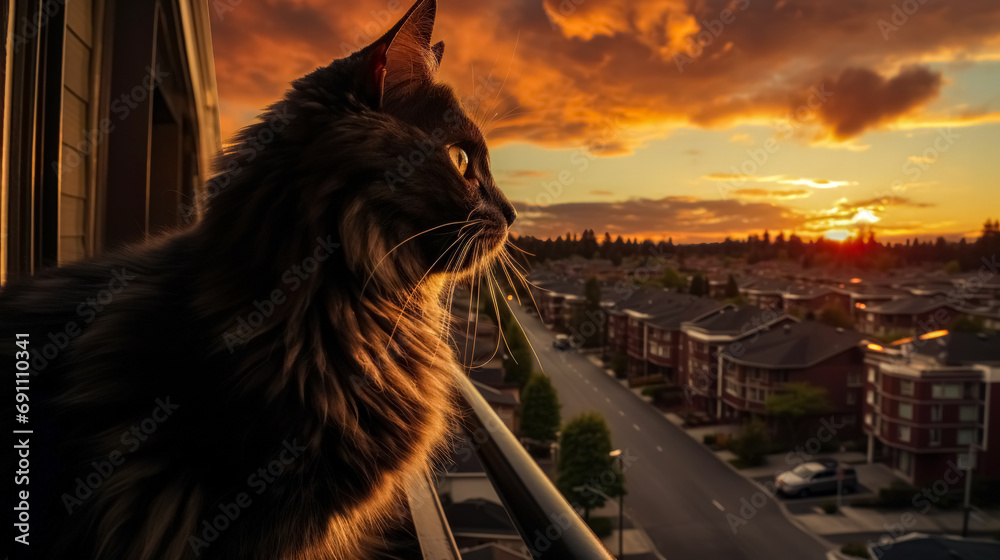 Cute Maine Coon cat looking out the window at sunset. Siberian cat lying on the windowsill and looking at the city.