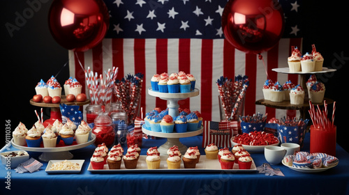 a festive table set with patriotic decorations, featuring a spread of traditional American Fourth of July treats and snacks.