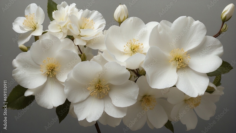 Elegant White Blooms with Yellow Stamens and Green Leaves. Generative AI Elegant White Blooms with Yellow Stamens and Green Leaves. Generative AI