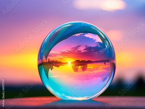 rainbow bright colored crystal ball bubble with colorful sky background, light amber and aquamarine