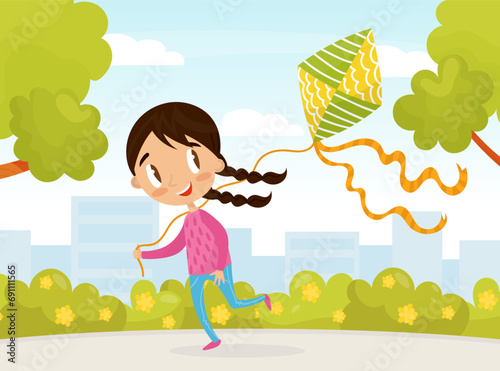 Little Girl Playing Flying Kite in the Park Vector Illustration