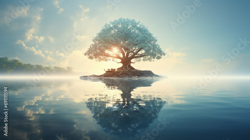 a tranquil scene of a Bodhi tree at sunrise, radiating a sense of renewal and spiritual awakening on Bodhi Day