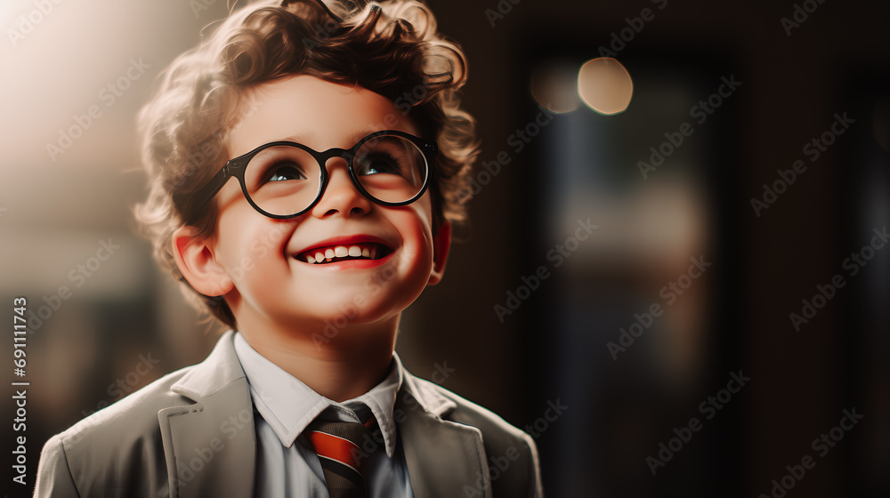 Petit garçon souriant avec des lunettes et habillé d'un costume avec une chemise et une cravate Petit garçon souriant avec des lunettes et habillé d'un costume avec une chemise et une cravate