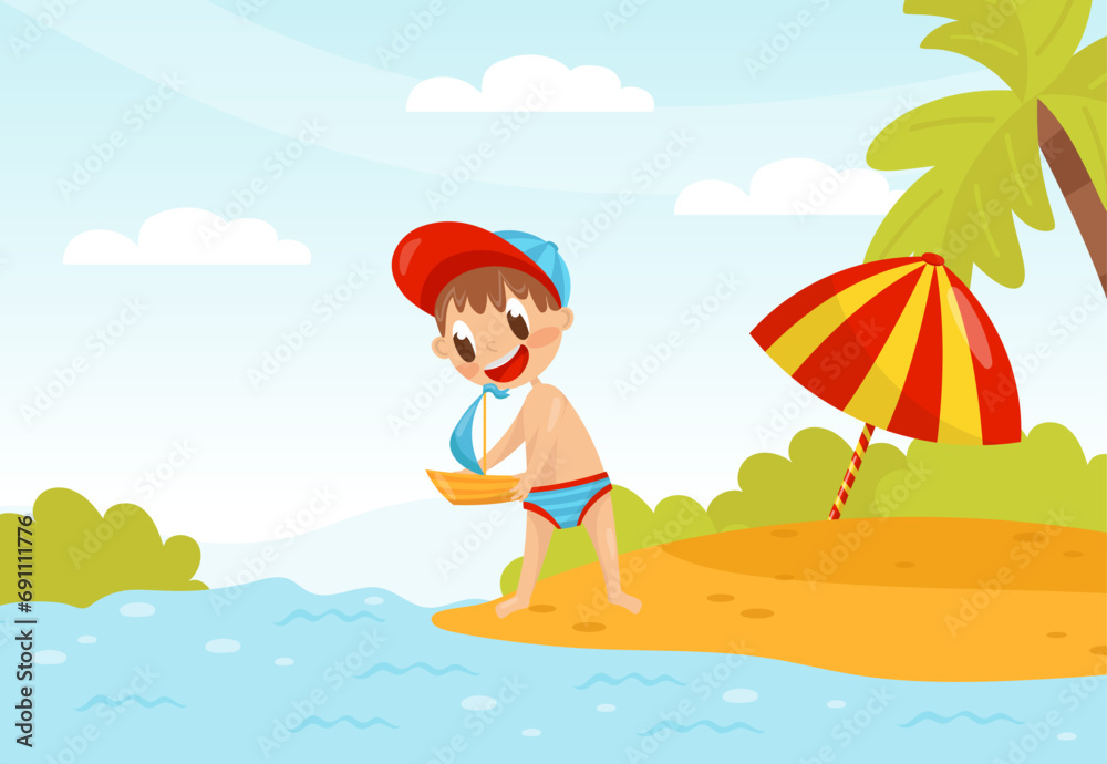 Happy Boy at Summer Sail Toy Boat in Sea Vector Illustration