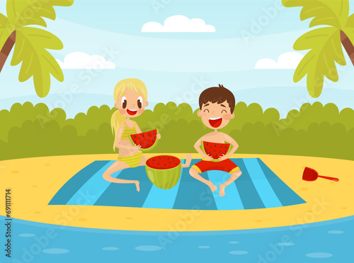 Happy Boy and Girl at Summer Sit and Eat Watermelon Vector Illustration