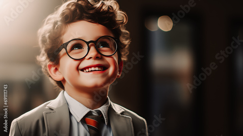 Petit garçon souriant avec des lunettes et habillé d'un costume avec une chemise et une cravate photo