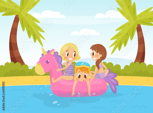 Happy Boy and Girl at Summer Swim in Sea with Rubber Ring Vector Illustration
