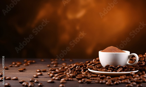 A cup of coffee with a pile of coffee beans around it is visible from the side of the background copy space