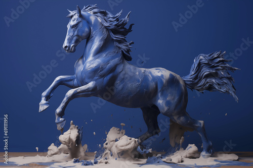 Blue marble horse in mid neigh bucking up as a uniquely colored statue on blue gradient background photo