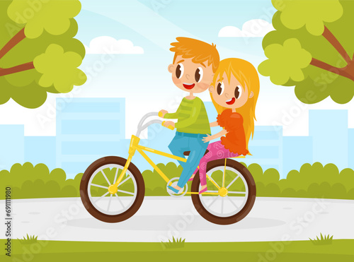 Happy Boy and Girl at Summer Ride Bicycle in the Park Vector Illustration