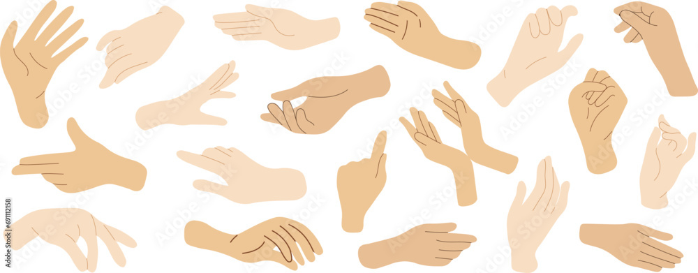 Set of hands in doodle style isolated human hands. Vector different hand positions