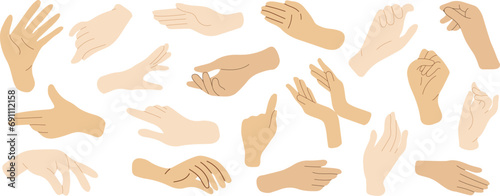 Set of hands in doodle style isolated human hands. Vector different hand positions