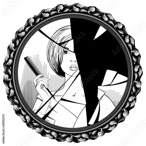 A broken round mirror in a classic decorative frame with the reflection of a young girl in a robe with a comb in her hand. Vintage  engraving stylized 
drawing. Vector illustration