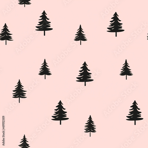 Fir trees silhouettes, minimal winter seamless pattern on pink background. Coniferous forest. Christmas and New Year concept. Design for textile, fabric, print, wrapping, wallpaper