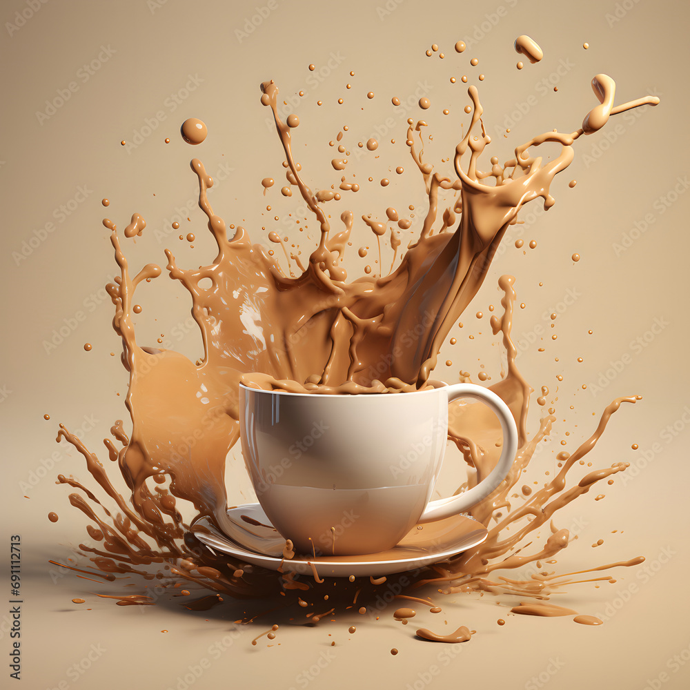 Splash of coffee from inside a glass with ice cubes copy space background