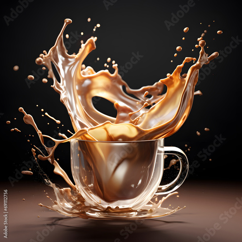 Splash of coffee from inside a glass with ice cubes copy space background