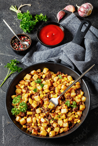 Beef Hash with roasted corn, garlic and parsley