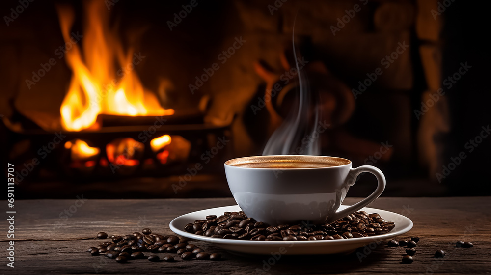 Fototapeta premium A cup of hot aromatic coffee against the backdrop of a burning fireplace, coffee beans scattered around. Cozy evening mood of a country house.