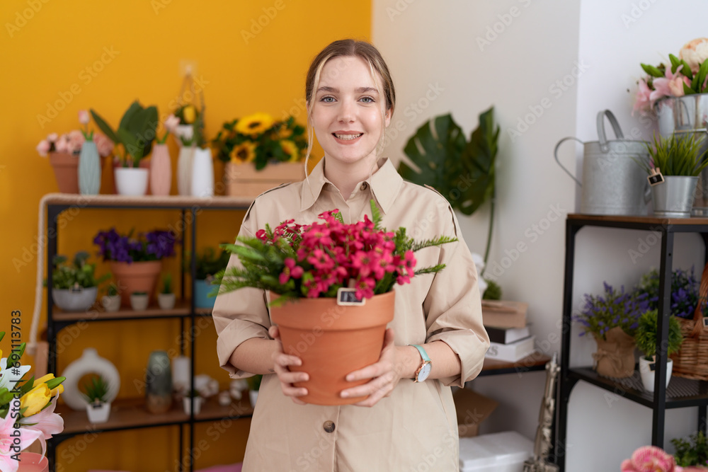 Young caucasian woman working at florist shop holding plant pot smiling with a happy and cool smile on face. showing teeth. Young caucasian woman working at florist shop holding plant pot smiling with a happy and cool smile on face. showing teeth.