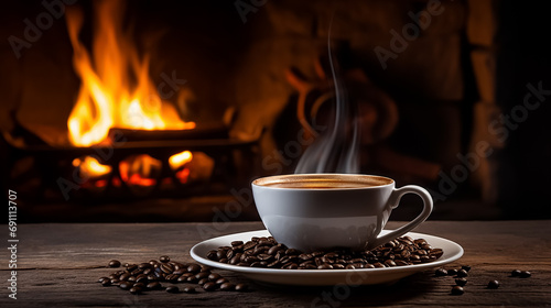 A cup of hot aromatic coffee against the backdrop of a burning fireplace  coffee beans scattered around. Cozy evening mood of a country house.