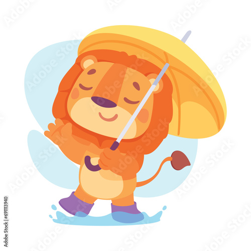 Funny Lion Character Walk with Umbrella in Rain Vector Illustration