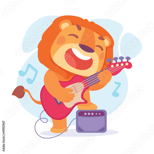 Funny Lion Character Playing Electric Guitar Vector Illustration