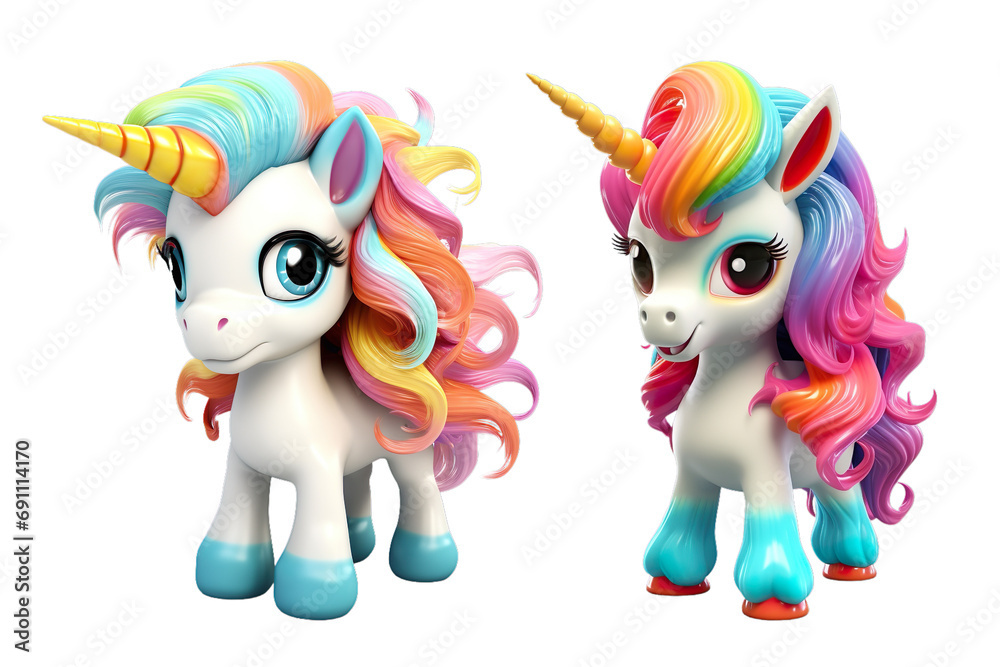 Fototapeta premium Joyful Unicorn Riding a Rocking Horse Vibrant 3D Illustration Isolated on White Background