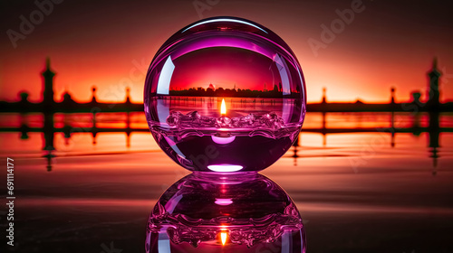 Magic crystal ball with burning candle on the background of the sunset. 