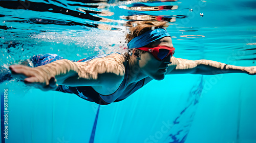 Femme avec lunettes nageant sous l'eau dans une piscine photo
