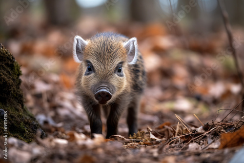 Cute young wild boar standing in forest © Firn