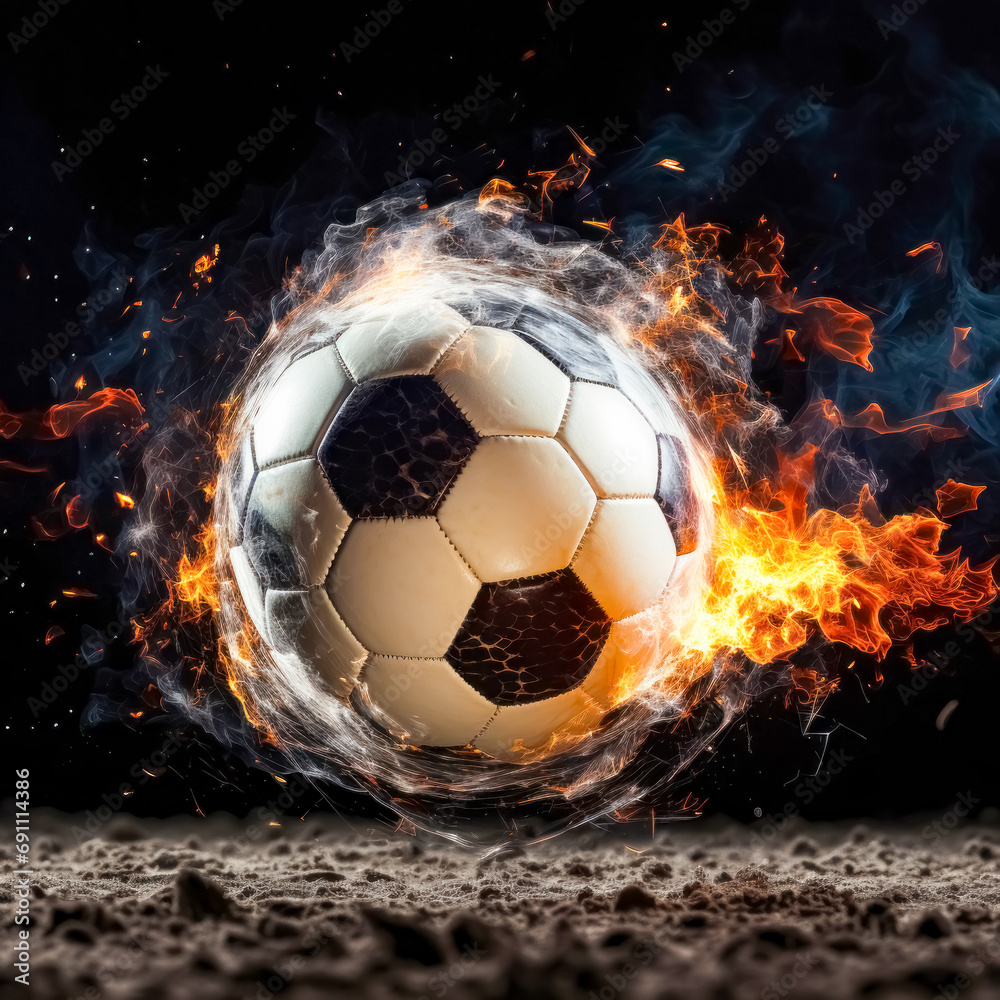 Fototapeta premium Soccer ball in fire flames on dark background. 3d rendering.