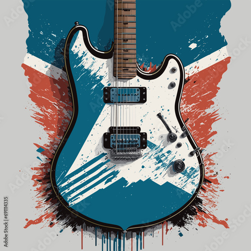 2d vector illustration art  Retro music guitar with trees with colorful  background, Summer t shirt 
