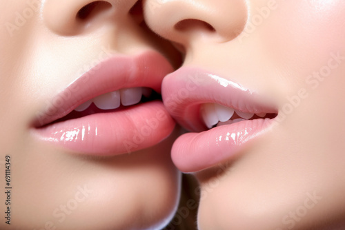 Close up of two women s lips kissing