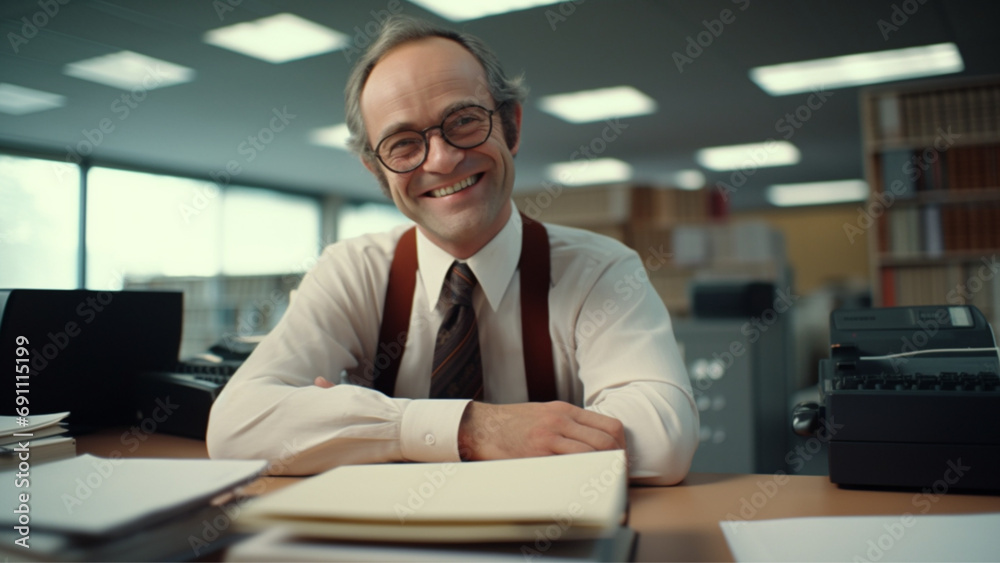 full frame cinematic shot from a 1970s, a 32-year-old financial services executive, we see him sitting behind his desk, he is looking at the camera, and smiling full frame cinematic shot from a 1970s, a 32-year-old financial services executive, we see him sitting behind his desk, he is looking at the camera, and smiling