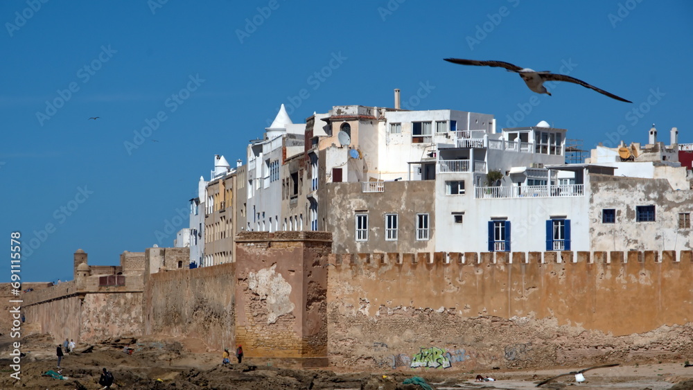 Walls of the medina, seen from the harbor in Essaouira, Morocco