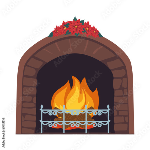 Indoor fireplace with hot coals, wood and bright flames, decorated with poinsettia flowers. Home stone hearth with burning fire. Vector illustration.