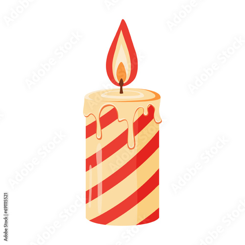 Wax lit candle. Decorative candle with red stripes. Vector illustration.