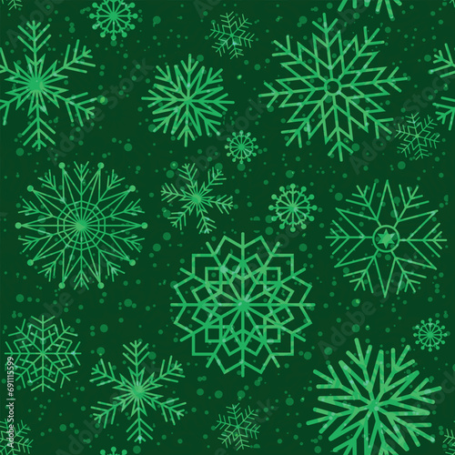 Vector seamless green winter pattern with vintage snowflakes in retro style