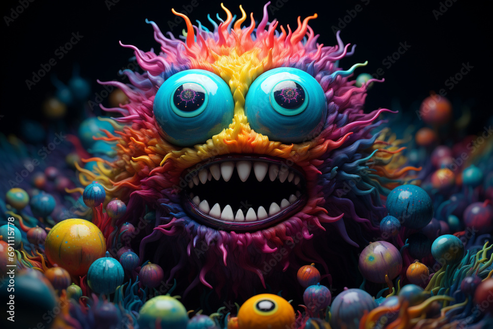 A crazy looking colorful alien monster looking into the camera, furry monster with crazy eyes and sharp teeth A crazy looking colorful alien monster looking into the camera, furry monster with crazy eyes and sharp teeth