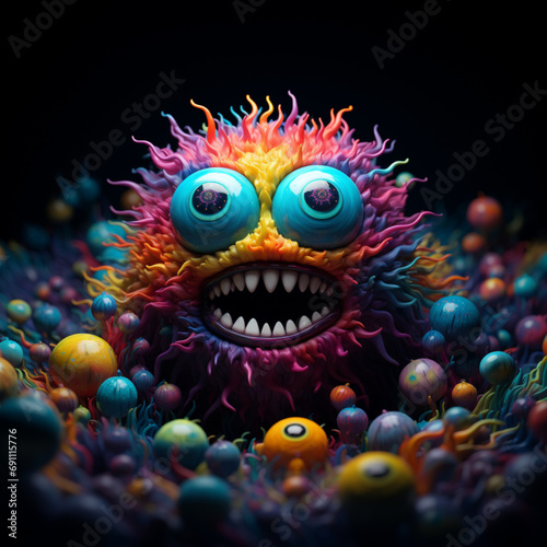 A crazy looking colorful alien monster looking into the camera, furry monster with crazy eyes and sharp teeth