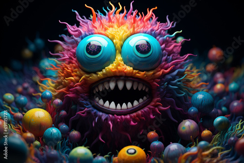 A crazy looking colorful alien monster looking into the camera, furry monster with crazy eyes and sharp teeth