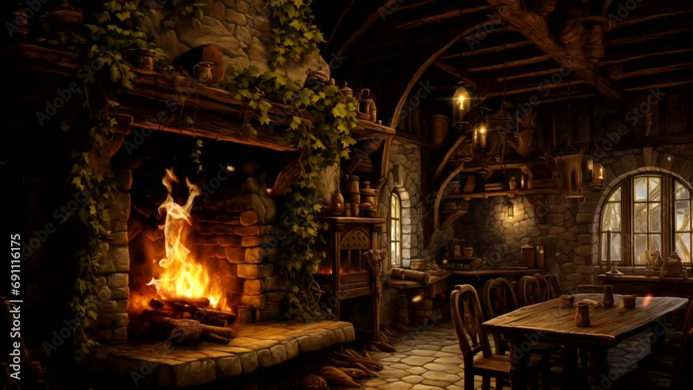 Animation of a flame in a stone fireplace. Old wooden restaurant in medieval style. 18 seconds, loop video, 2k