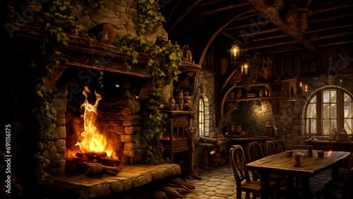 Animation of a flame in a stone fireplace. Old wooden restaurant in medieval style. 18 seconds, loop video, 2k photo