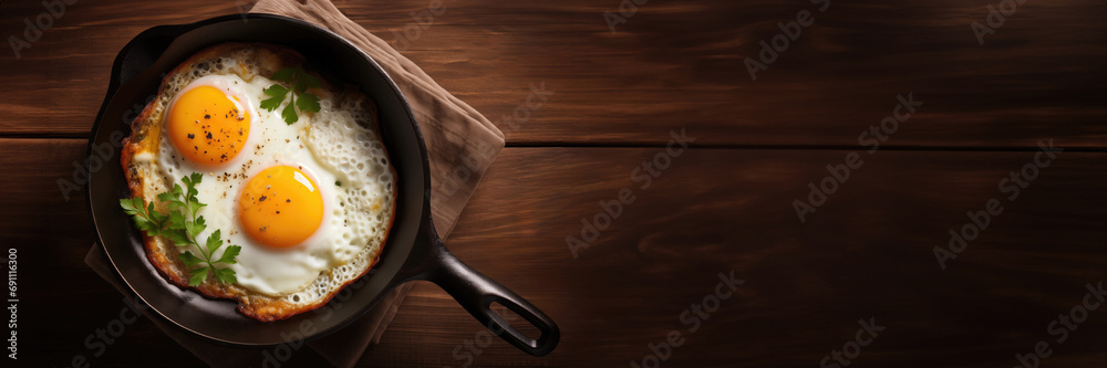Sunny Side Up Eggs in a Black Iron Skillet Featuring a Color Palette of Golden Yellow and Black Sunny Side Up Eggs in a Black Iron Skillet Featuring a Color Palette of Golden Yellow and Black