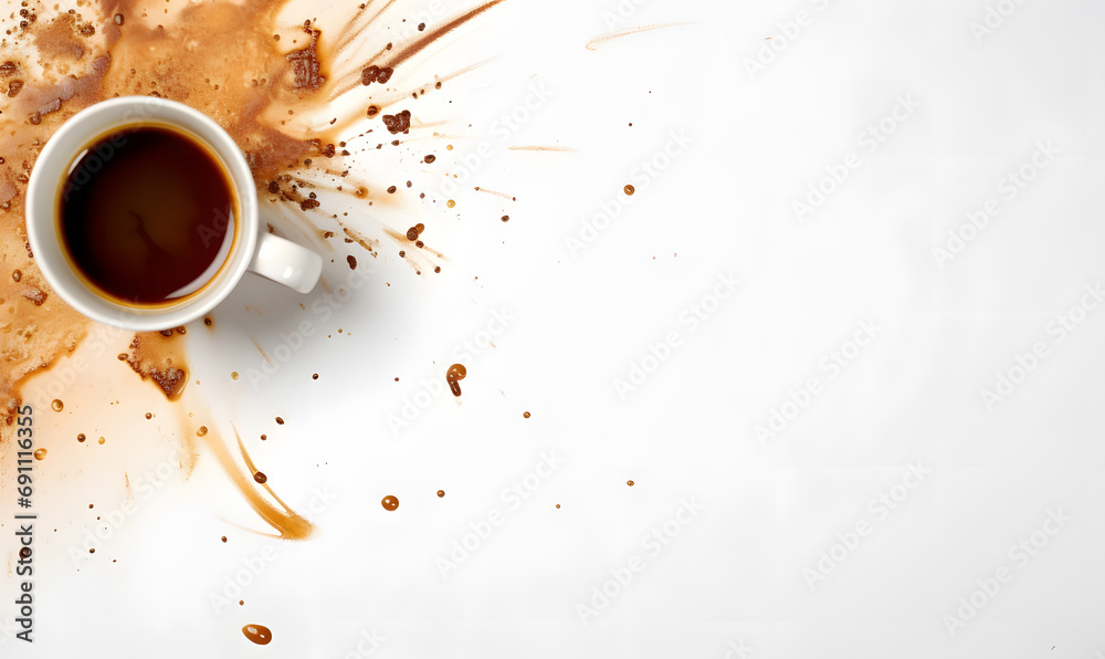 background of a cup of coffee and spillage seen from above.