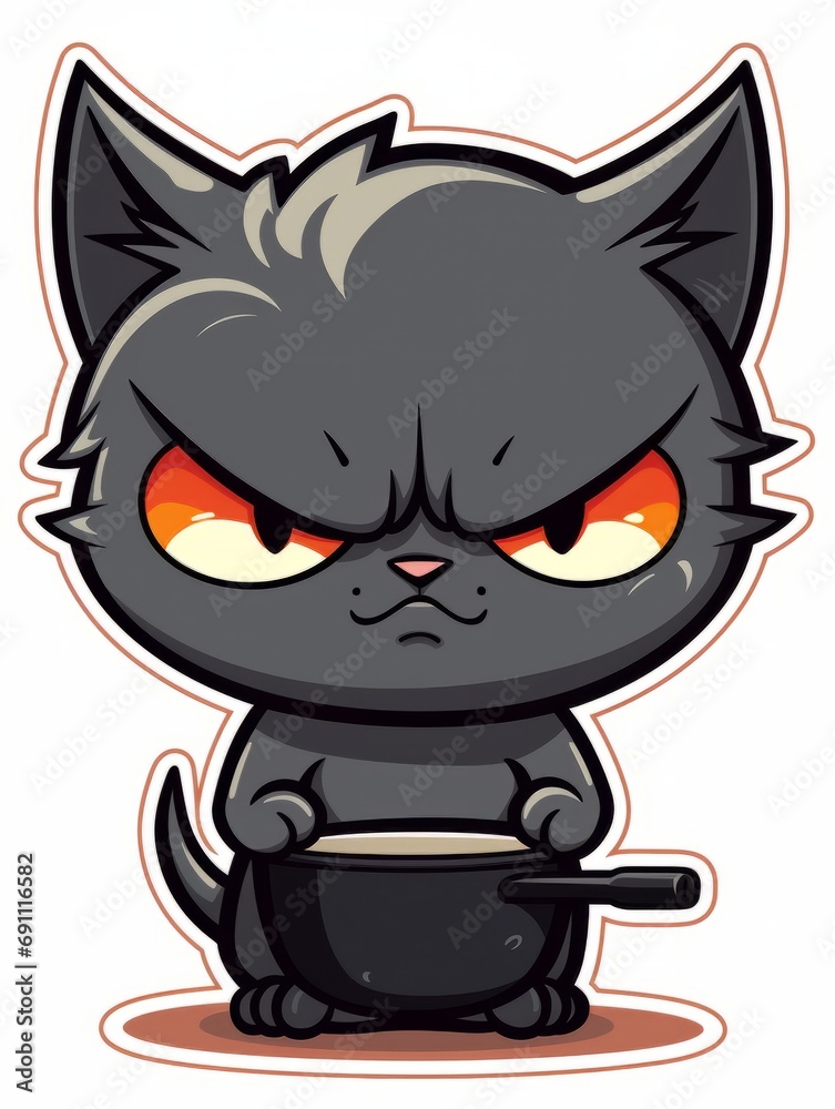 Cartoon sticker evil kitten in a kitchen pan, AI Cartoon sticker evil kitten in a kitchen pan, AI