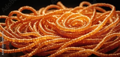  a close up of a bunch of orange spirals on top of a black surface with one spiral in the middle of the picture.