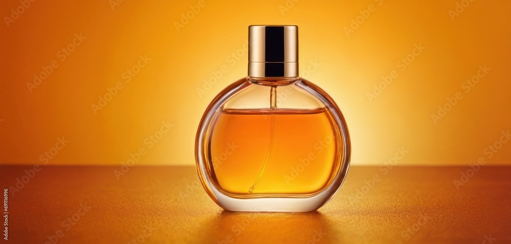 a bottle of perfume sitting on a table next to a yellow background with a black cap on top of it. a bottle of perfume sitting on a table next to a yellow background with a black cap on top of it.